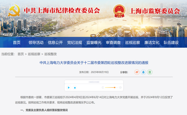 中共上海电力大学委员会关于十二届市委第四轮巡视整改进展情况的通报